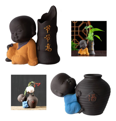 Kit 2 Vasos Decoração Mini Monge Buda Cerâmica Para Planta 