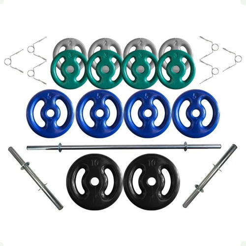 Kit De Anilhas Emborrachadas 60 Kg + Barras De 40cm E 150cm