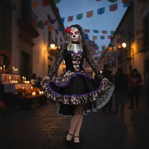 Disfraz De Catrina Día De Muertos Vestido Manga Larga Miss Day Of The Dead Disfraz Catrina Para Mujer Halloween O Cosplay
