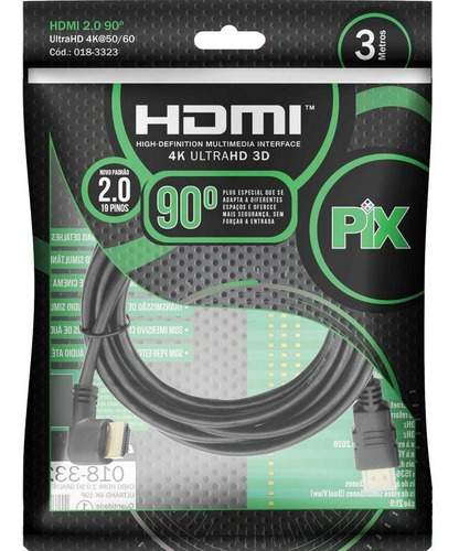 Cabo Hdmi L 3m 90 Graus Blindado 2.0 Ethernet 3 Metros 4k 3d