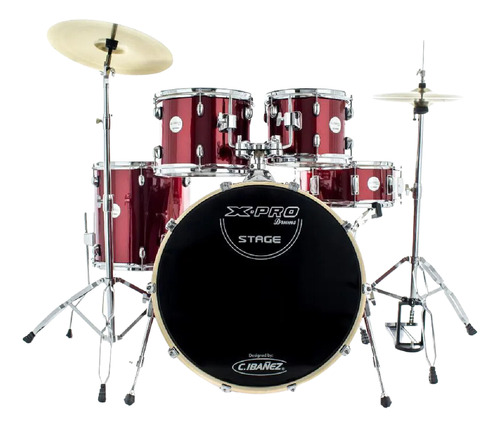 Bateria Stage X-pro Vinho Completa Com Pratos E Banco