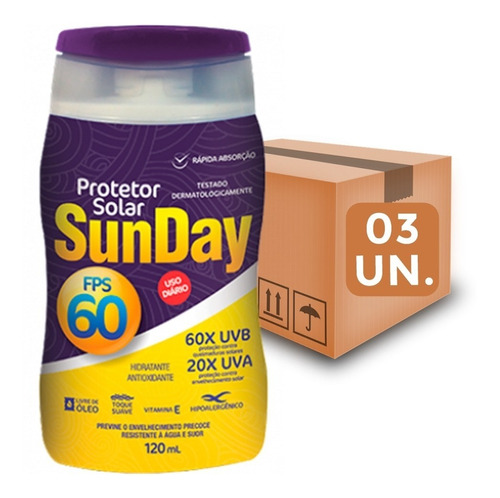  Kit C/3 Protetor Solar Sunday Fator 60 Atacado Promoção