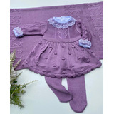 Saida De Maternidade Menina Tricot Lilás Vestido 4 Peças