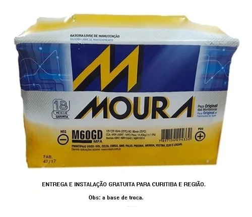 Bateria Moura 60ah Disponível Apenas Para Curitiba E Região