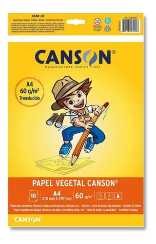 Papel Vegetal Canson A4 210x297mm 60g Com 10 Folhas