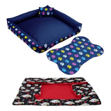 Cama Para Cachorro Grande Gg 95x95 Cm + Tapete E Capa Extra Cor Cama Azul Marinho E Capa Vermelha