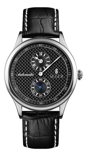 Reloj Hombre Seger 9238 Original Eeuu Cuero Elegante Malla Negro Bisel Plateado