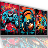 Quadro Decorativo Sala Gamer Controles Fone Colorido Neon