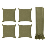 Kit 4 Capas Almofada Em Linho 45x45 Verde Musgo + Manta Sofá