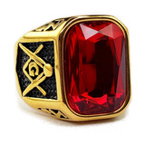 Anillo Masónico Elegante De Lujo Rojo Acero Inoxidable Dorad