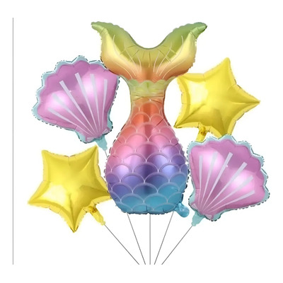 Set De 5 Globos Metálicos Cola De Sirena Estrellas Conchas Color Cola Dorada Con Morado | MercadoLibre