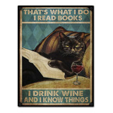 #1085 - Cuadro Decorativo - Gato Negro Vino Libro No Chapa 