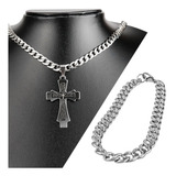 Colar Crucifixo Masculino Aço Inox Luxo + Pulseira / Premium