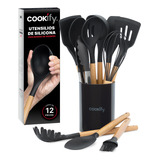 Set 12 Utensilios De Cocina Cookify De Silicona Y Madera: Incluye Base. Perfectos Para Cocinar Y Hornear, Protegen Tus Sartenes. Duraderos Y Seguros. 