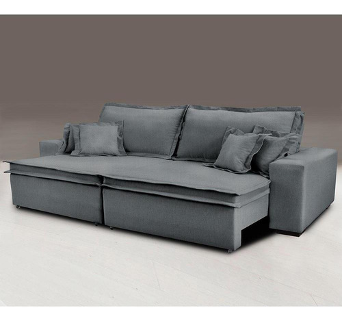 Sofa Retrátil E Reclinável Com Molas Cama Inbox Premium 2,52m Tecido Em Linho Cinza Escuro