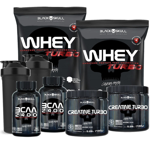 Kit 2 Whey Protein Turbo + 2 Bcaa + 2 Creatina - Black Skull