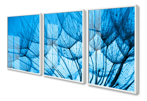 3 Quadros Decorativos Dente De Leão Azul Moderno Com Vidro