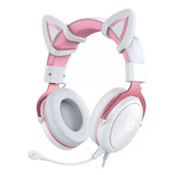 Fone Ovido Feminino Orelha Gato Onikuma X10 Rgb Branco Rosa