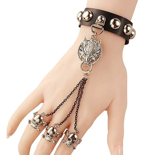 Pulsera Moda Arnés Cabeza De Lobo Cadenitas Anillos Calavera
