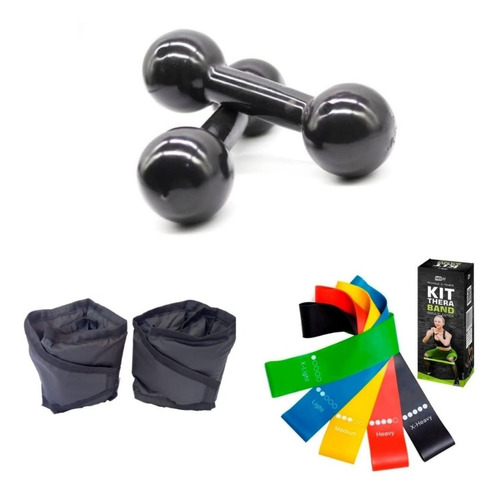 Pesinho De Academia 1 Kg + Caneleira 1 Kg + Kit Theraband Cor Preto