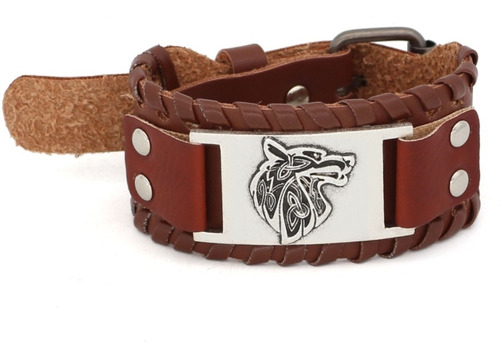 Pulsera Brazalete Cuero Slavo Lobo Odin Vikingo Para Hombre