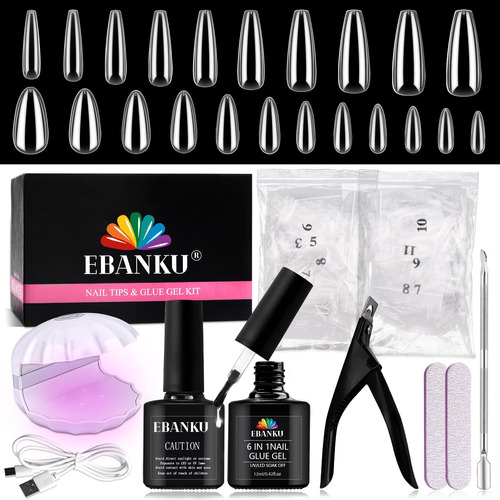 Ebanku Kit De Puntas De Uñas Y Pegamento De Gel, 6 En 1, G.