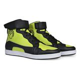 Tenis Bota Biker Motociclista Piel Unisex Negro Verde Fosfo 