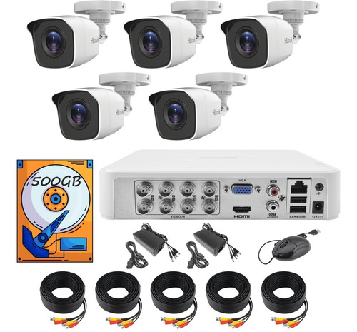 Kit Video Vigilancia 5 Cámaras Hilook Hd 720p Cctv Disco Duro 500gb