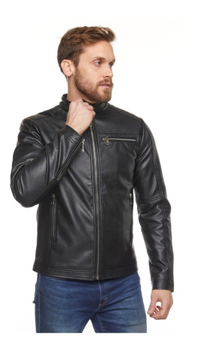 Campera Negra De Cuero Ecológico Para Hombre