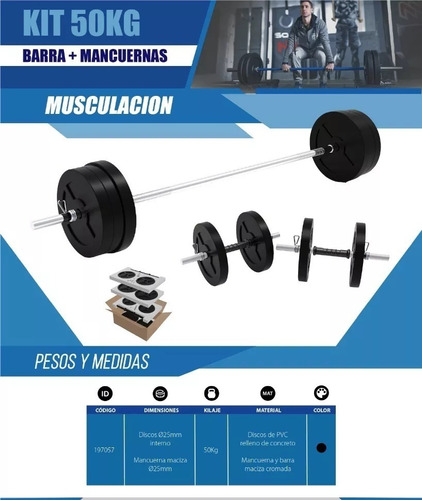 Kit Pesas Barra Y Mancuernas Macizas + 50 Kg Discos