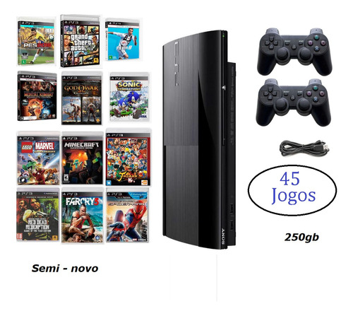 Ps3 Super Slim + 45 Jogos + 2 Controles Gta5, Fifa, Minecraft Cor Charcoal Black