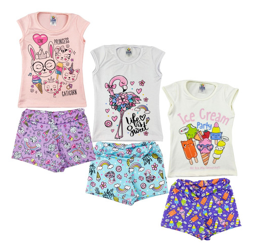 Kit 3 Conjunto Feminino Verao Infantil Shorts E Blusa Calor