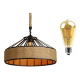 Corda Rústico Lustre Sisal Palha Madeira Boho Retro + Led Cor Preto 110v/220v