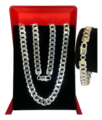 Conjunto Corrente Cordão Pulseira 9mm 70cm Prata 925 Maciça