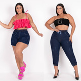 Kit 2 Peças Short E Calça Plus Size Feminino Com Elástico 