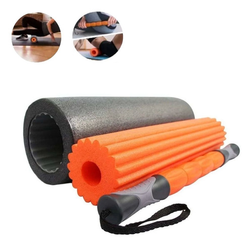 Kit 3 Em 1 Rolo E Bastão De Liberação Miofascial Foam Roller