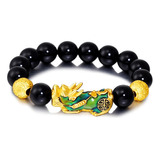 Pulsera De Perlas De Transferencia Golden Pixiu Y Obsidiana