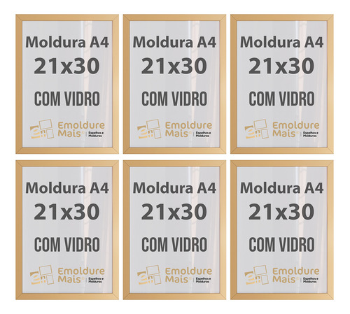 Kit 6 Molduras De Madeira A4 Com Vidro P/ Diplomas E Posters