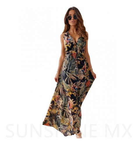 Vestido Largo Playa Sexy Estampado A-line Escote Chiffon