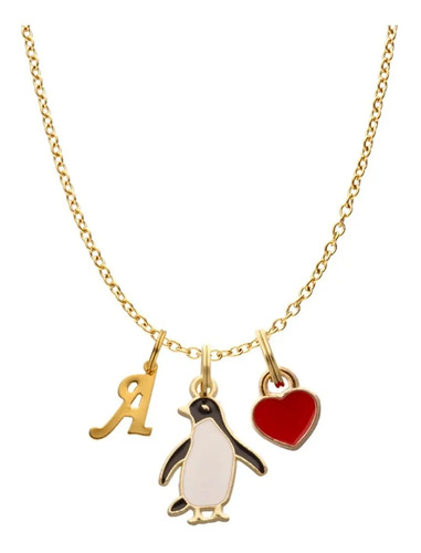 Collar Pingüino Corazón Amor Novia Cadena Acero Dije Inicial | Meses sin interés