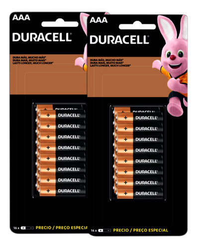 32 Pilhas Duracell Duralock Alcalina Aaa Embalagem C/16 Unid