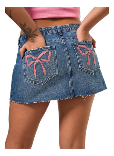 Minissaia Jeans Cintura Baixa Com Laços