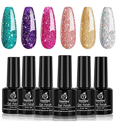 Beetles Boujee - Juego De Esmalte En Gel Con Purpurina, 6 Pi