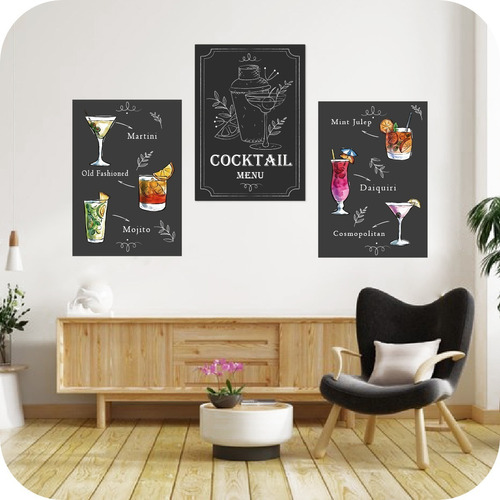 Cuadro Bar Tragos Cocktail Barra Coctel Decorativo Triptico