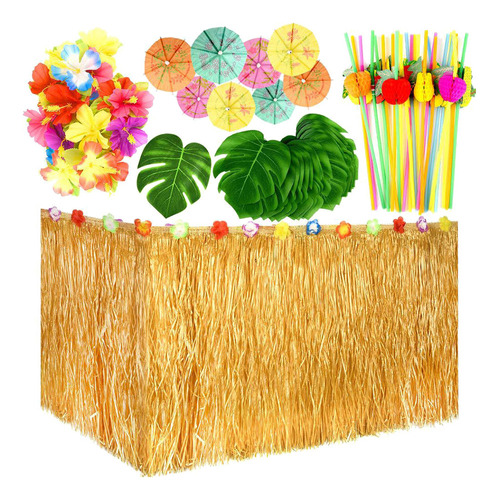 Q 1 Juego De Faldas De Mesa Hawaianas Para Fiesta, Pajitas,