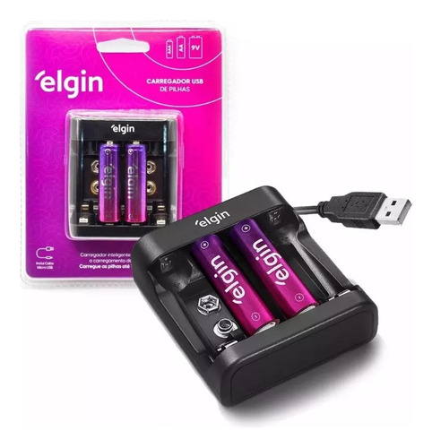 Carreg.pilhas Usb Elgin C/ 2 Pilhas + 4 Baterias 9v 250 Mah