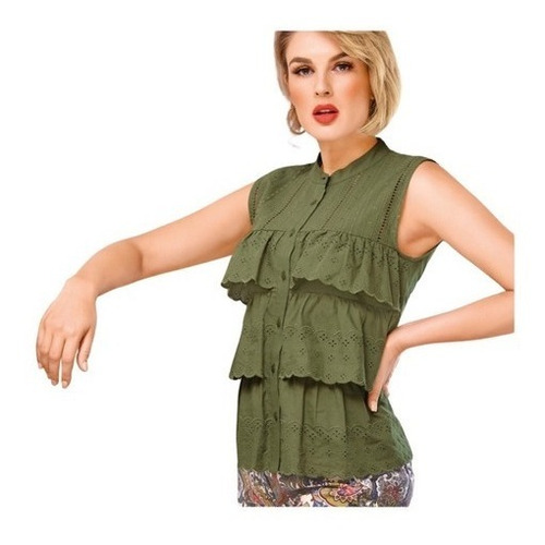 Blusa Verde Olivo Tela Bordado De Ojal, 98228