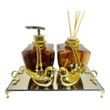 Kit Lavabo Âmbar / Marrom Vidros Cheios Bandeja Bronze Aroma