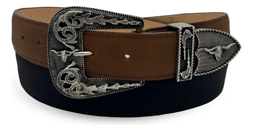 Cinturon Vaquero De Piel Cafe / Negro Hebilla Plateada Cinto