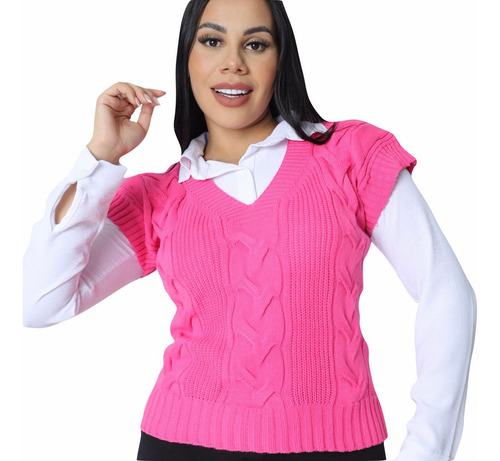 Colete Feminino Tricot Trançado Moderno Curto Estiloso Tricô